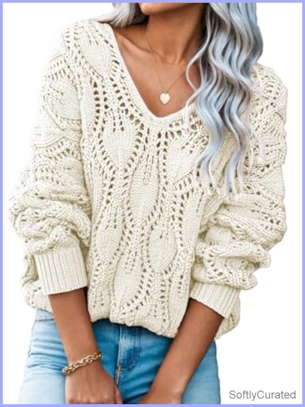 V Neck Crochet Hollow Out Pullover Sweater Fall Winter Knit Tops